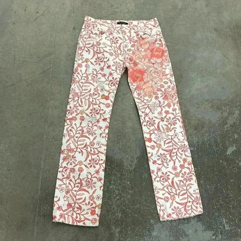 Roberto Cavalli distressed glitter  detail floral pants‎ denim